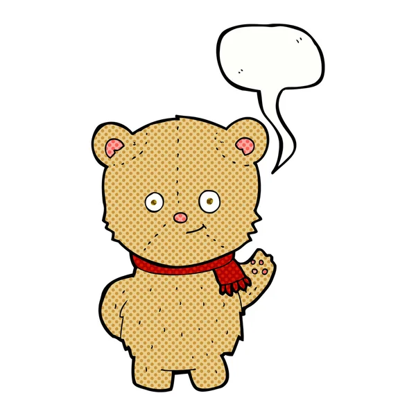 Urso de pelúcia acenando desenhos animados com bolha de fala —  Vetores de Stock