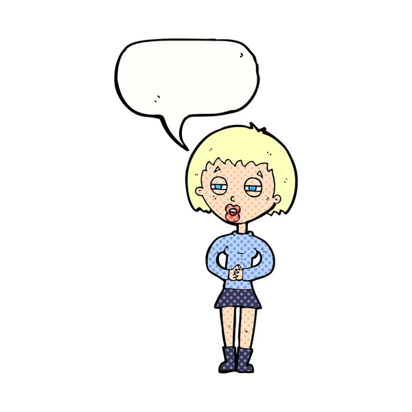 Cartoon suspicious girl with speech bubble — Stock Vector