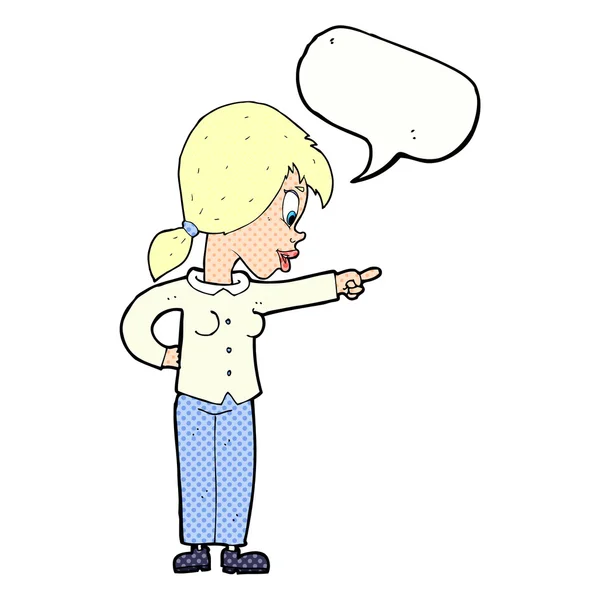 Cartoon enthusiastic woman pointing with speech bubble — Stock Vector