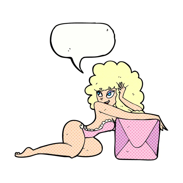 Bande dessinée pin up femme avec boîte avec bulle de parole — Image vectorielle