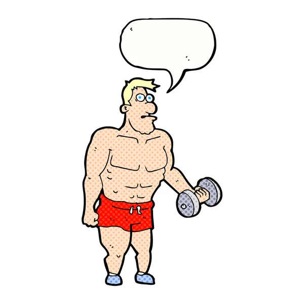 Γελοιογραφία άνθρωπος άρση βαρών με φούσκα ομιλία — Διανυσματικό Αρχείο