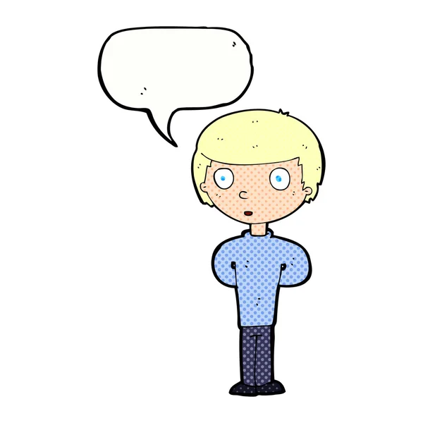 Desenho animado menino curioso com bolha de fala — Vetor de Stock