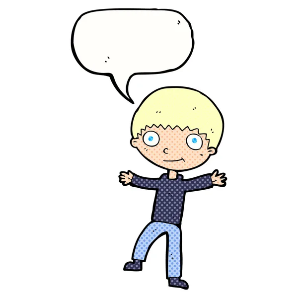 Καρτούν χαρούμενο αγόρι με φούσκα ομιλία — Διανυσματικό Αρχείο