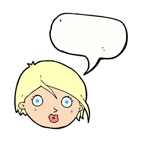 Karikatur überrascht weibliches Gesicht mit Sprechblase — Stockvektor
