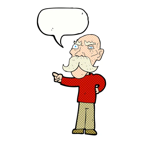 Γελοιογραφία ενοχλημένος γέρος δείχνοντας με φούσκα ομιλία — Διανυσματικό Αρχείο
