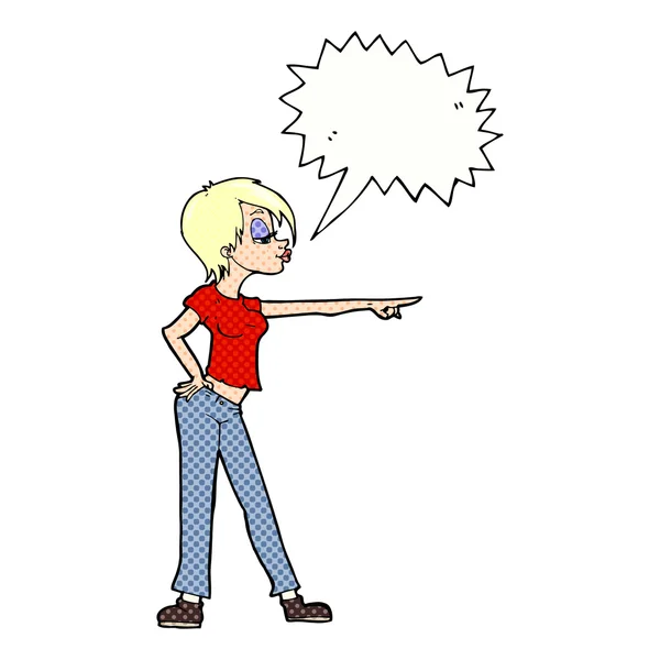 Cartoon hip mulher apontando com bolha de fala —  Vetores de Stock