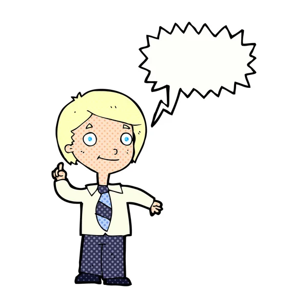 Cartoon school boy answering question with speech bubble — Stock Vector