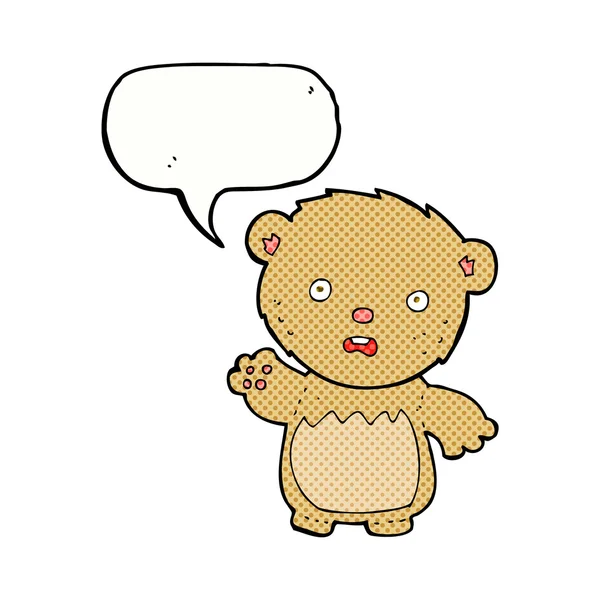 Cartoon worried teddy bear with speech bubble — Stock Vector