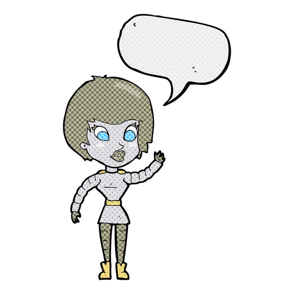 Robot dessin animé femme agitant avec bulle de parole — Image vectorielle