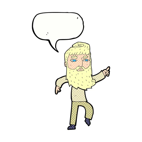 Hombre barbudo de dibujos animados señalando el camino con la burbuja del habla — Vector de stock