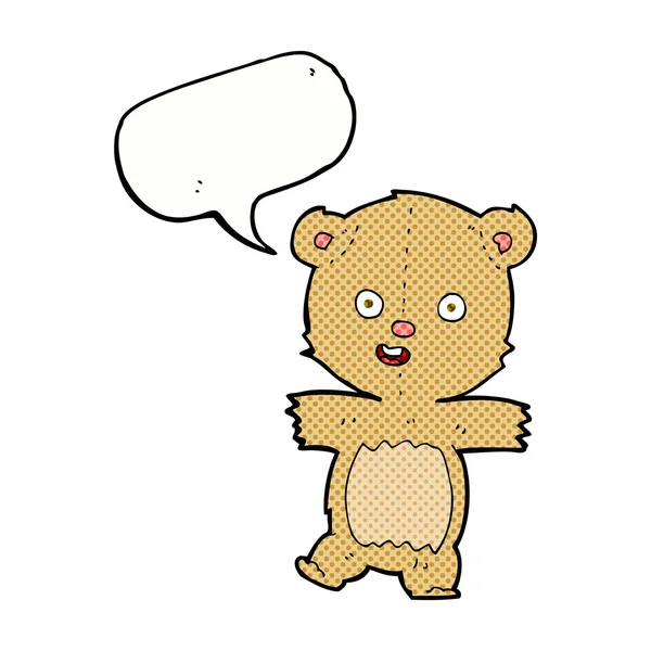 Oso de peluche bailando de dibujos animados con burbuja del habla — Vector de stock