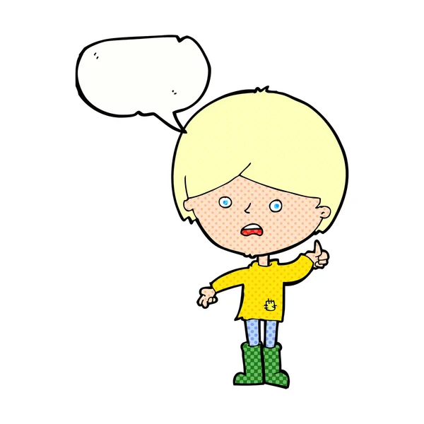 Desenho animado menino infeliz com bolha de fala — Vetor de Stock