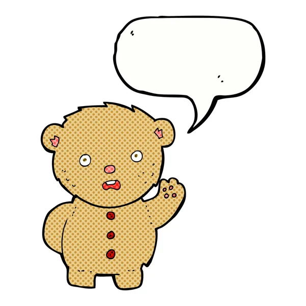 Dibujos animados oso de peluche infeliz con burbuja de habla — Vector de stock