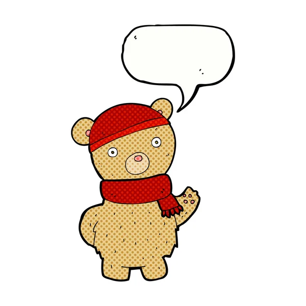 Cartoon-Teddybär mit Wintermütze und Schal mit Sprechblase — Stockvektor