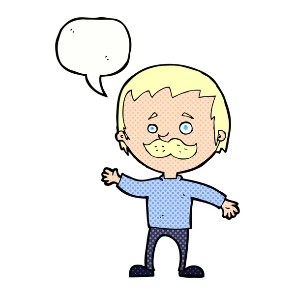 Hombre de dibujos animados con bigote ondeando con la burbuja del habla — Vector de stock