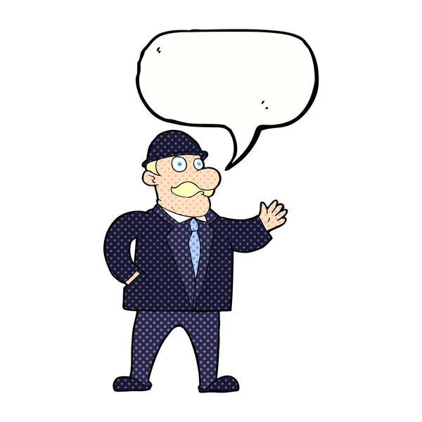 Cartoon sensible business man in bowler hat with speech bubble — Stock Vector