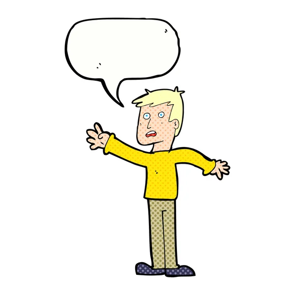 Karikatur besorgter Mann greift nach Sprechblase — Stockvektor
