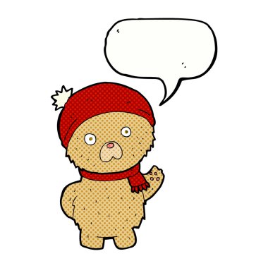 Kış şapkalı oyuncak ayı ve şallı konuşma baloncuğu.