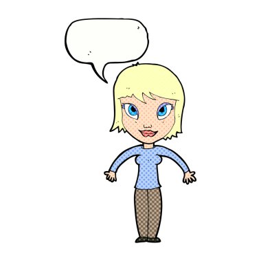 Çizgi filmdeki kadın konuşma balonuyla omuz silkiyor.