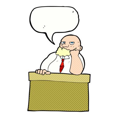 Masasında konuşma baloncuğu olan sıkılmış bir adam var.