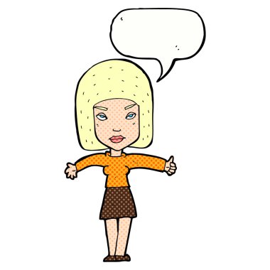 Karikatür kadını konuşma baloncuğu ile baş parmak işareti yapıyor.