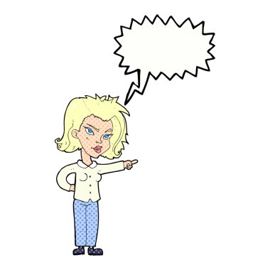Çizgi filmdeki kadın konuşma balonunu işaret ediyor