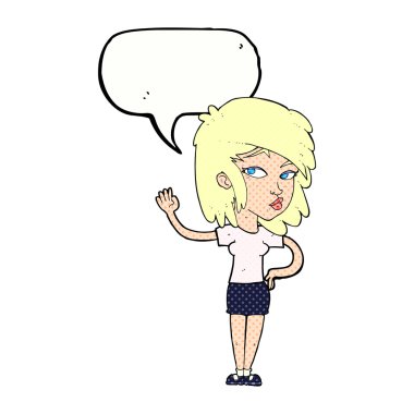 Çizgi film güzel kadın konuşma balonuyla el sallıyor