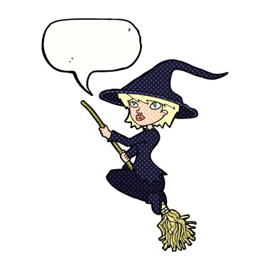 Çizgi film cadısı konuşma baloncuğu ile süpürgeye biniyor