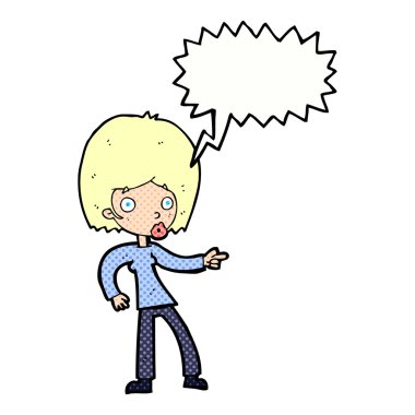 Çizgi filmdeki kadın konuşma balonunu işaret ediyor