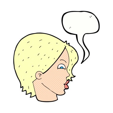 Konuşma baloncuklu bir kadın yüzü.