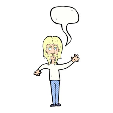 Konuşma baloncuğu olan bıyıklı bir çizgi film adamı.