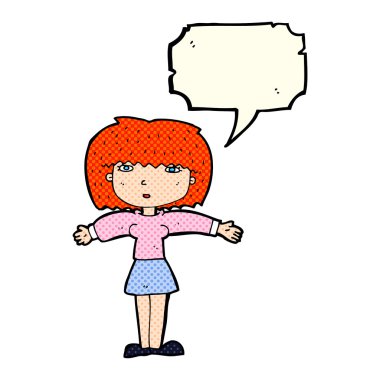 Çizgi filmdeki kadın konuşma balonuyla omuz silkiyor.