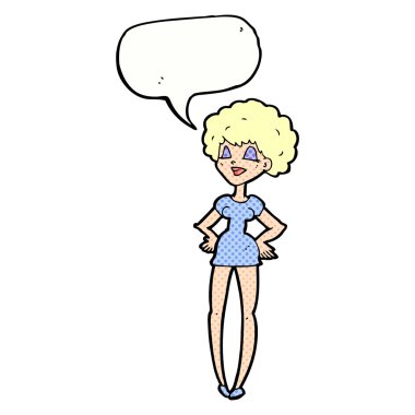 Kalçasında konuşma balonu olan mutlu kadın çizgi filmi.