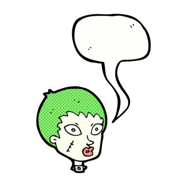 Konuşma balonlu dişi zombi kafası.