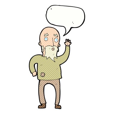 Çizgi film ihtiyarı konuşma balonuyla el sallıyor.