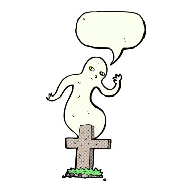 Konuşma baloncuğuyla mezardan yükselen karikatür hayaleti