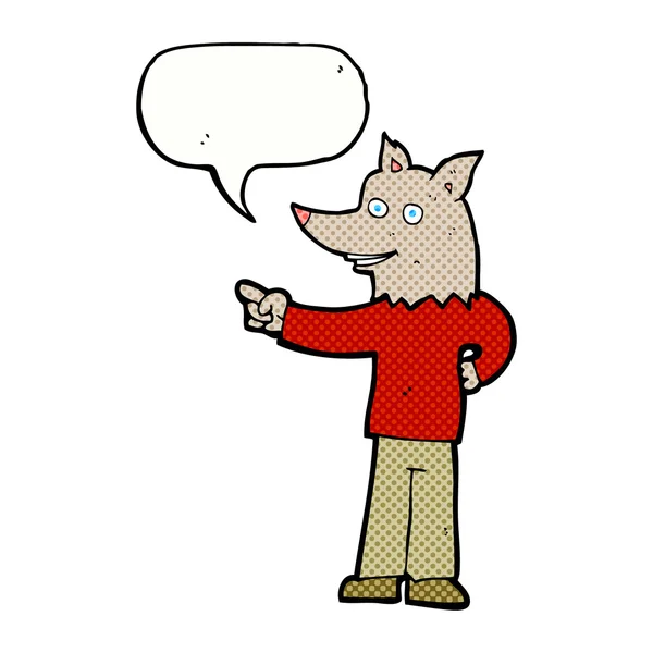 Cartoon wolf man pointing with speech bubble — Stock Vector