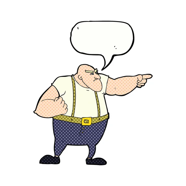Cartoon angry tough guy pointing with speech bubble — Stock Vector