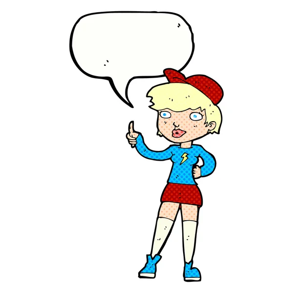 Dibujos animados skater chica dando pulgares hacia arriba símbolo con el habla burbuja — Vector de stock