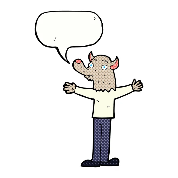 Hombre lobo amistoso de dibujos animados con burbuja de habla — Vector de stock