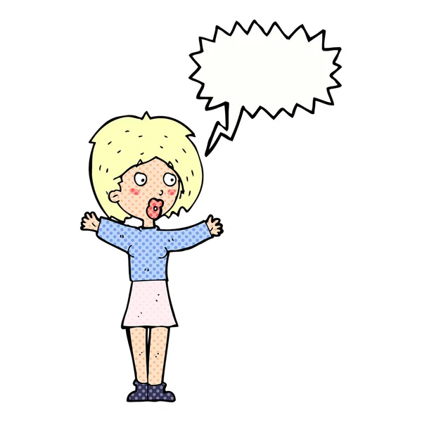 Cartoon worried woman with speech bubble — Stock Vector