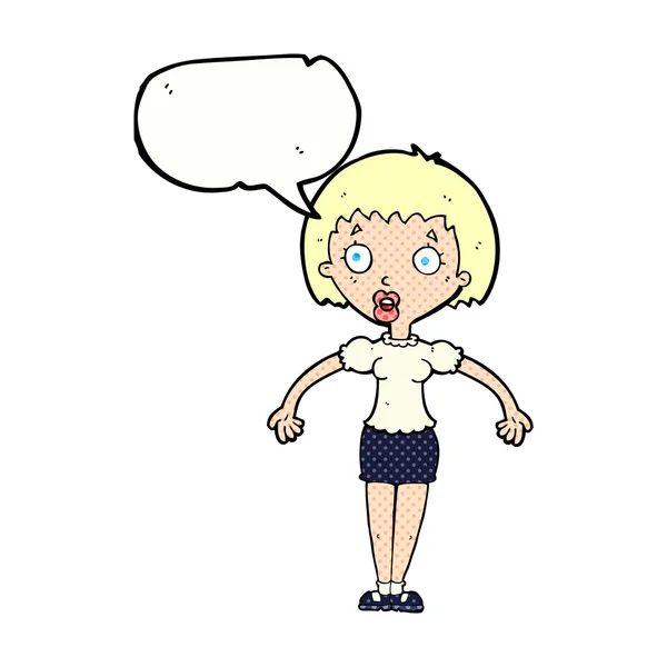Cartone animato donna confusa scuotendo le spalle con la bolla discorso — Vettoriale Stock