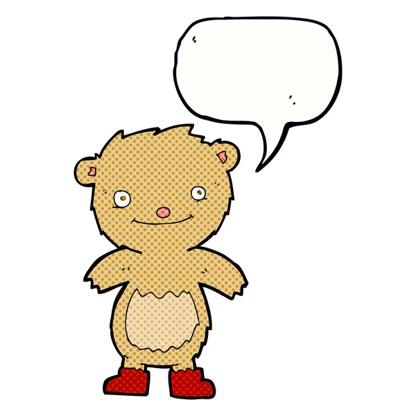 Urso de pelúcia dos desenhos animados usando botas com bolha de fala — Vetor de Stock