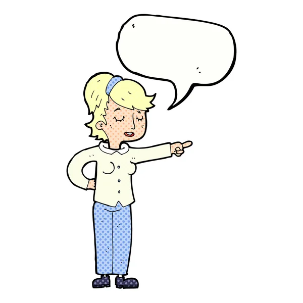 Cartoon friendly woman pointing with speech bubble — Stock Vector