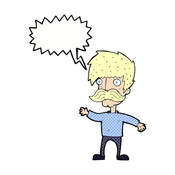 Cartoon man met snor zwaaien met spraakbel — Stockvector