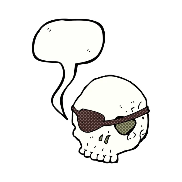 Calavera de dibujos animados con parche para los ojos con burbuja del habla — Vector de stock