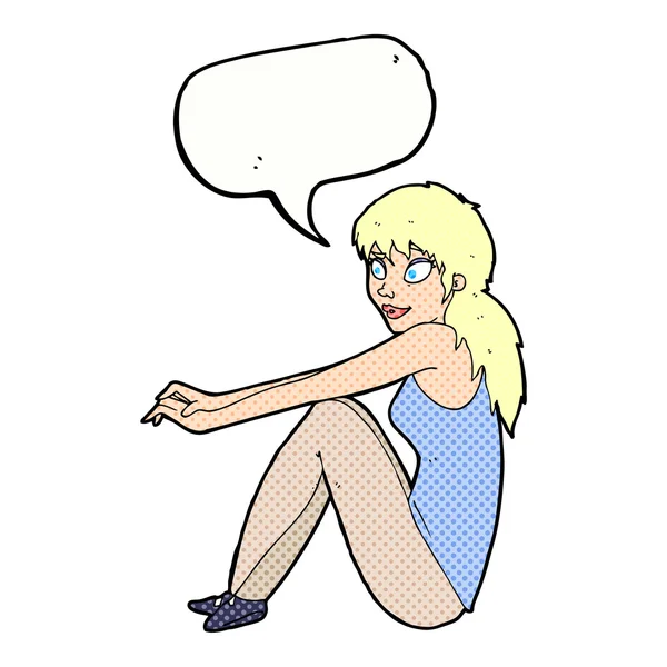 Karikatür mutlu kadın konuşma balonu ile oturuyordu — Stok Vektör