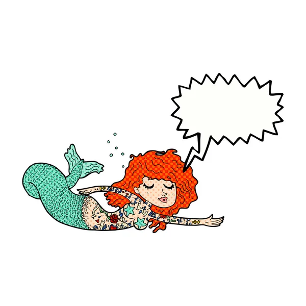 Kreslená mořská panna s tetováním s řečovou bublinou — Stockový vektor
