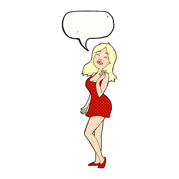 Dessin animé jolie femme en robe de cocktail avec bulle de parole — Image vectorielle