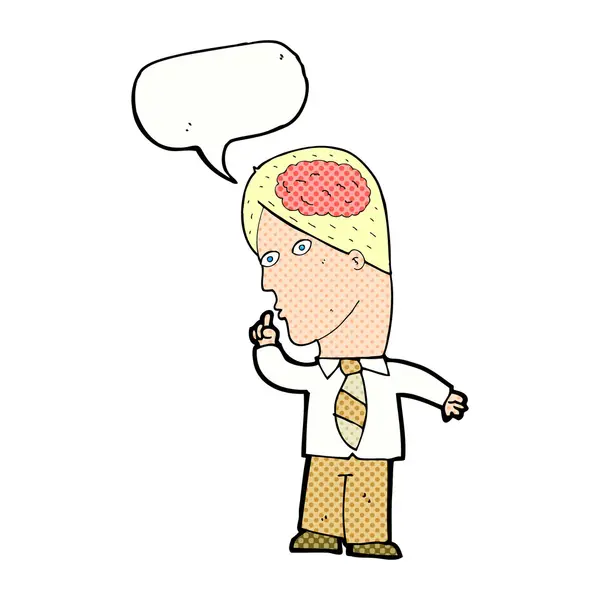 Cartoon businessman with huge brain with speech bubble — Stock Vector